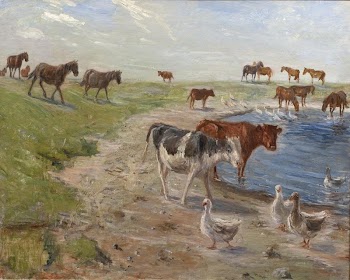 Calves and geese at a watering | Free Photo - rawpixel