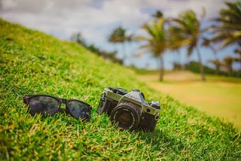 Camera and Sunglasses on Grass