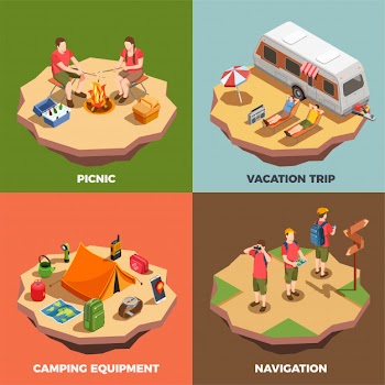 Camping hiking isometric design concept with compositions of human characters and trip related items illustration Free Vector