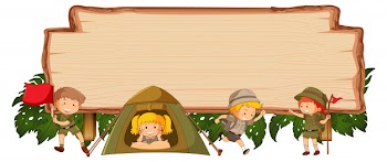 Camping kids on wooden banner Free Vector