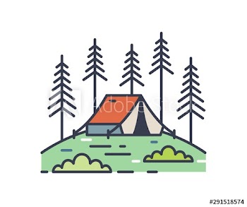 Camping tent in pine woods outline illustration