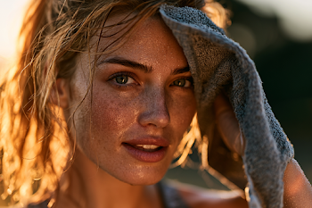 Candid Morning Run: Athletic Woman Wiping Sweat