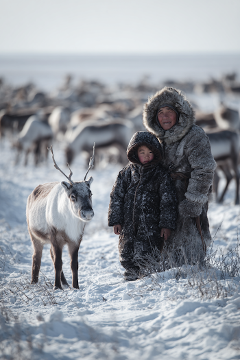 Candid Winter Scene with Reindeer and Family