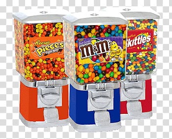 Candy machine, assorted candies in white framed candy dispensers transparent background PNG clipart