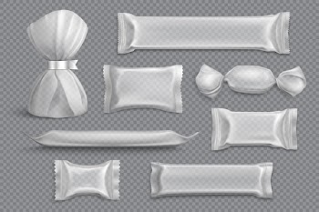 Candy packaging supplies products blank mockup samples collection on transparent  with foil wrappers realistic Free Vector