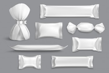Candy packaging supplies products isolated blank mockup samples collection with foil wrappers gray  realistic Free Vector