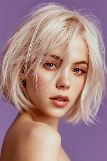 Captivating Blonde Bob Portrait on Lilac Background