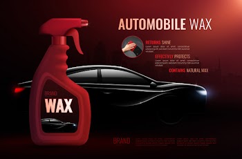 Car care product advertising poster with  bottle of high quality automobile wax and luxury class sedan realistic Free Vector