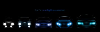 Car headlights evolution, glowing front headlamps banner Free Vector