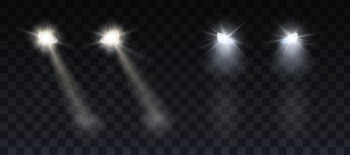 Car headlights shining on road in night Free Vector