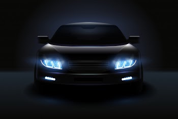 Car led lights realistic composition with dark silhouette of automobile with dimmed headlights and shadows illustration Free Vector