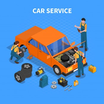 Car service work process isometric Free Vector