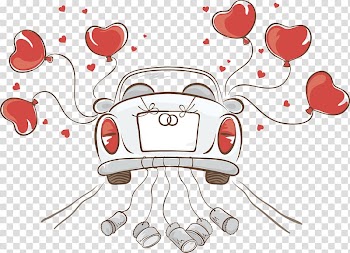 Car with hearts balloon illustration, Wedding invitation , Just Married transparent background PNG clipart