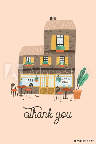 Card, postcard or poster template with coffee house or cafe building on street of European city and Thank You word or phrase written with cursive font
