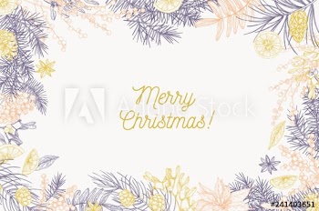 Card template with Merry Christmas inscription and frame made of conifer branches, berries, star anise, orange slices hand drawn with contour lines on white background