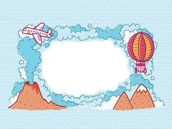 Card with cartoon clouds, balloon, plane, mountains and place for text