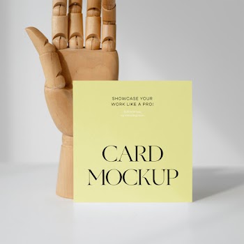 Card with Wood Hand Mockup