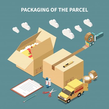 Cardboard boxes delivery car and tools for parcel packaging isometric concept 3d vector illustration Free Vector