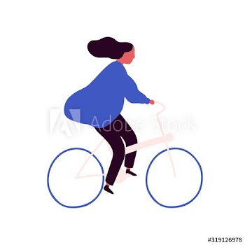 Carefree cartoon woman bicyclist with waving hair vector flat illustration