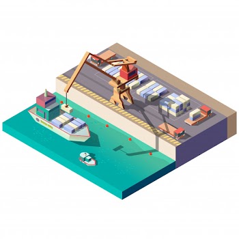 Cargo ship unloading in seaport Free Vector