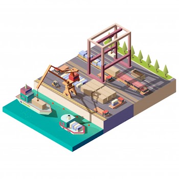 Cargo ship unloading in seaport Free Vector