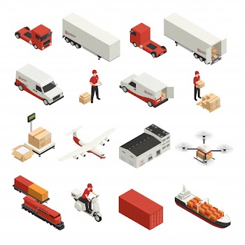 Cargo transportation isometric icons logistic delivery by various vehicles and drone technology Free Vector
