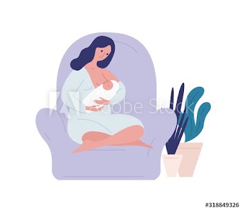 Caring mother breastfeed newborn baby at home vector flat illustration