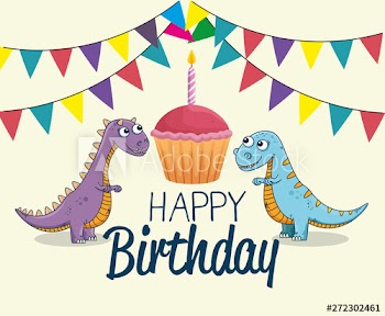 carnotaurus and thescelosaurus with cake and party banner