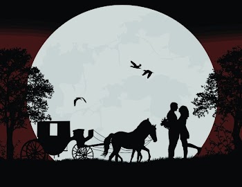 Carriage and lovers at night on beautiful landscape, vector illustration