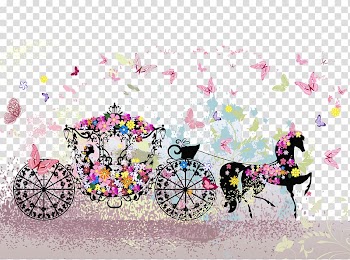 Carriage , Hand-painted flowers wedding carriage butterfly, multicolored horse carriage with butterflies illustration transparent background PNG clipart