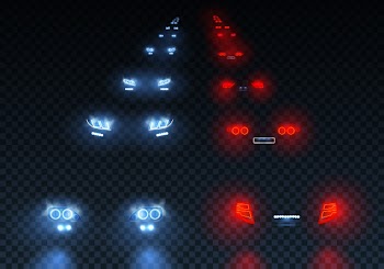 Cars flares traffic road lights set with low beam passing lights with reflections on transparent illustration Free Vector