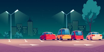 Cars on city street parking at night Free Vector