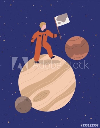 Cartoon astronaut stand on planet hold flag vector graphic illustration