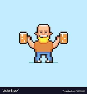 cartoon bald smiling man holding glasses of beer