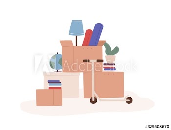 Cartoon boxes with different things ready for moving isolated on white background