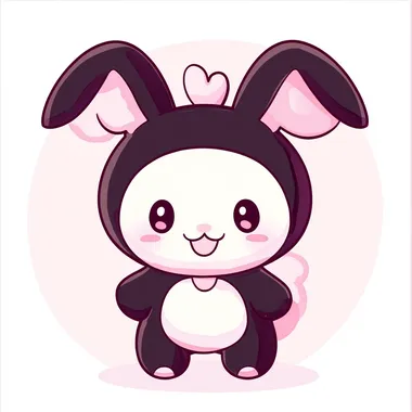 Cartoon bunny with heart on chest, cute design, playful expression, pastel背景