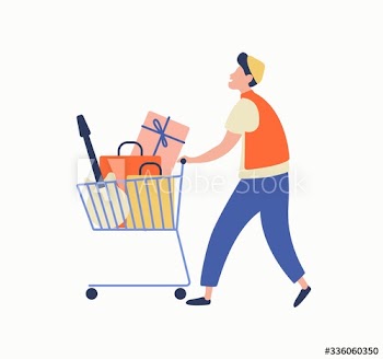 Cartoon casual man carrying heap of goods on trolley during big sale vector flat illustration