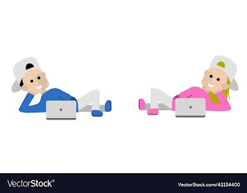 cartoon character boy girl working in laptop
