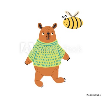 Cartoon colorful bear in jumper standing with bee vector flat illustration