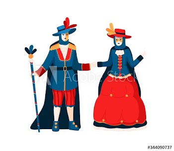 Cartoon colorful couple wearing festive costumes for Venetian carnival vector flat illustration