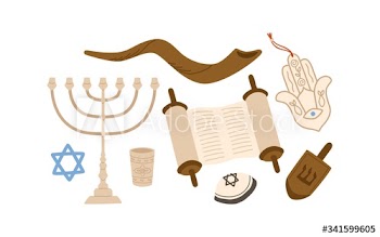 Cartoon colorful Judaism symbols set vector flat illustration