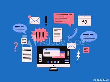 Cartoon computer monitor with many internet notifications vector flat illustration