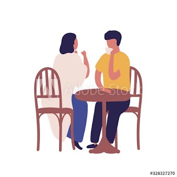 Cartoon couple drinking coffee together sitting at table isolated on white background