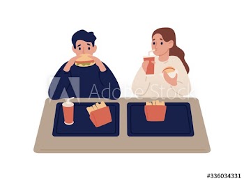 Cartoon couple eating fast food at cafeteria vector flat illustration