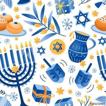 Cartoon decorative elements of Jewish holiday Hanukkah seamless pattern