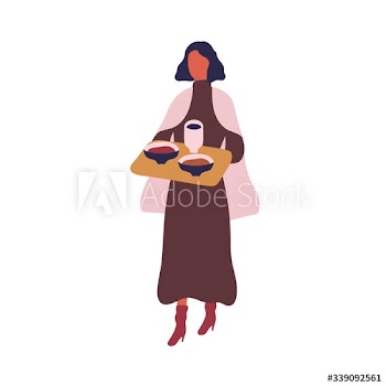 Cartoon elegant woman carry tray with plate and cup at cafeteria vector flat illustration