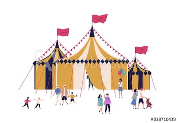 Cartoon families and kids walking near circus tent isolated on white background