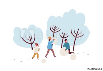 Cartoon family making snowman together vector flat illustration