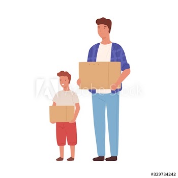 Cartoon father and son holding cardboard box isolated on white background