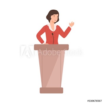 Cartoon female politician perform in front of audience vector flat illustration